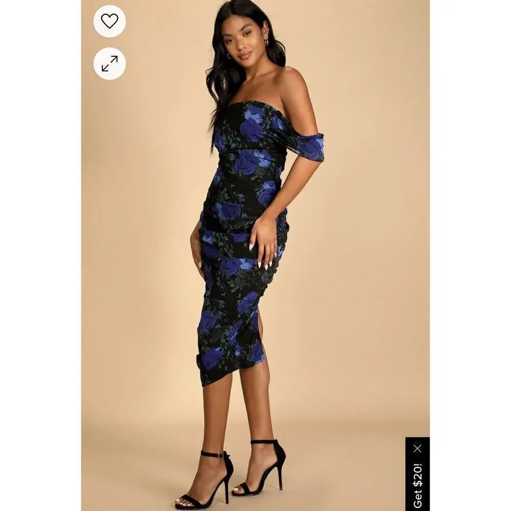 Lulu’s Blithesome Dark Blue Black Floral Ruched Midi Dress Cocktail Womens Small